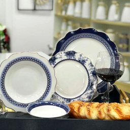 Aparelho de Jantar em Porcelana Branco com Detalhes Azul Escuro 24 Peças - 2