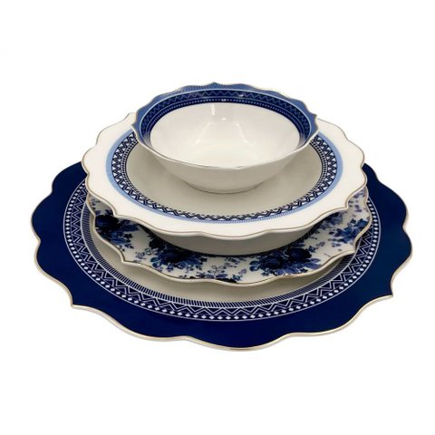 Aparelho de Jantar em Porcelana Branco com Detalhes Azul Escuro 24 Peças