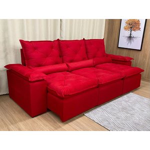 Sofá Retrátil e Reclinável 2,70m em Tecido Veludão C/pillow Nos Braços Athenas:vermelho