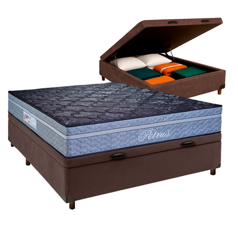 Conjunto Cama Box Bau Marrom Casal + Colchão Molas Ensacadas Petrus Paropas