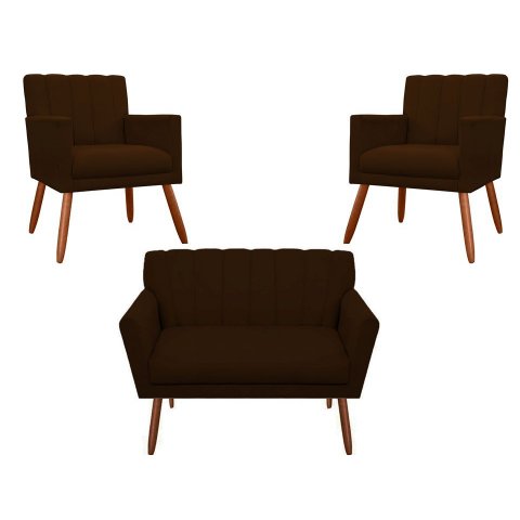 Kit Namoradeira + 2 Poltronas Decorativa Cecília Suede Marrom Pés Madeira Ms Decor