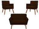 Ver imagem 1 de Kit Namoradeira + 2 Poltronas Decorativa Cecília Suede Marrom Pés Madeira Ms Decor
