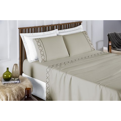 Conjunto Cama Casal Queen Size Madri Bordado 300 Fios Super Macio:caqui