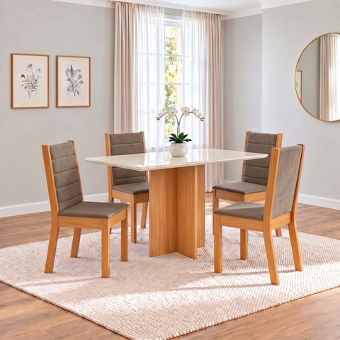 Conjunto Sala de Jantar Mesa Lana 120cm Tampo MDF Vidro Canto Reto 4 Cadeiras Evelin