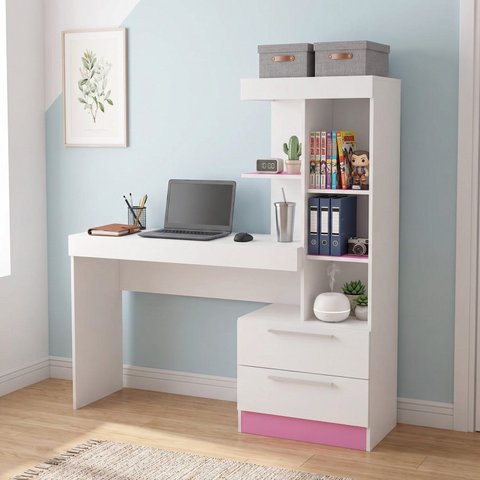 Escrivaninha Mesa de Escritório com Estante e 2 Gavetas 136 x 131cm Flex Branca/Rosa Office