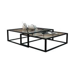 Kit Industrial Duo Mesa de Centro Catarina 35x135 e Mesa Lateral Encaixe Elena 70x45 Vidro - Preto - 2
