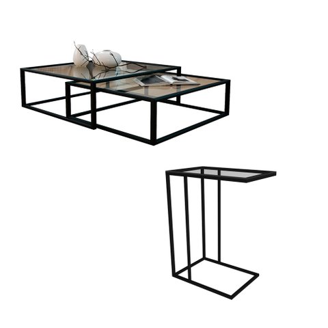 Kit Industrial Duo Mesa de Centro Catarina 35x135 e Mesa Lateral Encaixe Elena 70x45 Vidro - Preto