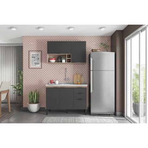 Cozinha Compacta Modulada Firenze 02 Peças 05 Portas 02 Gavetas Cinza/Avena Touch/Grafito