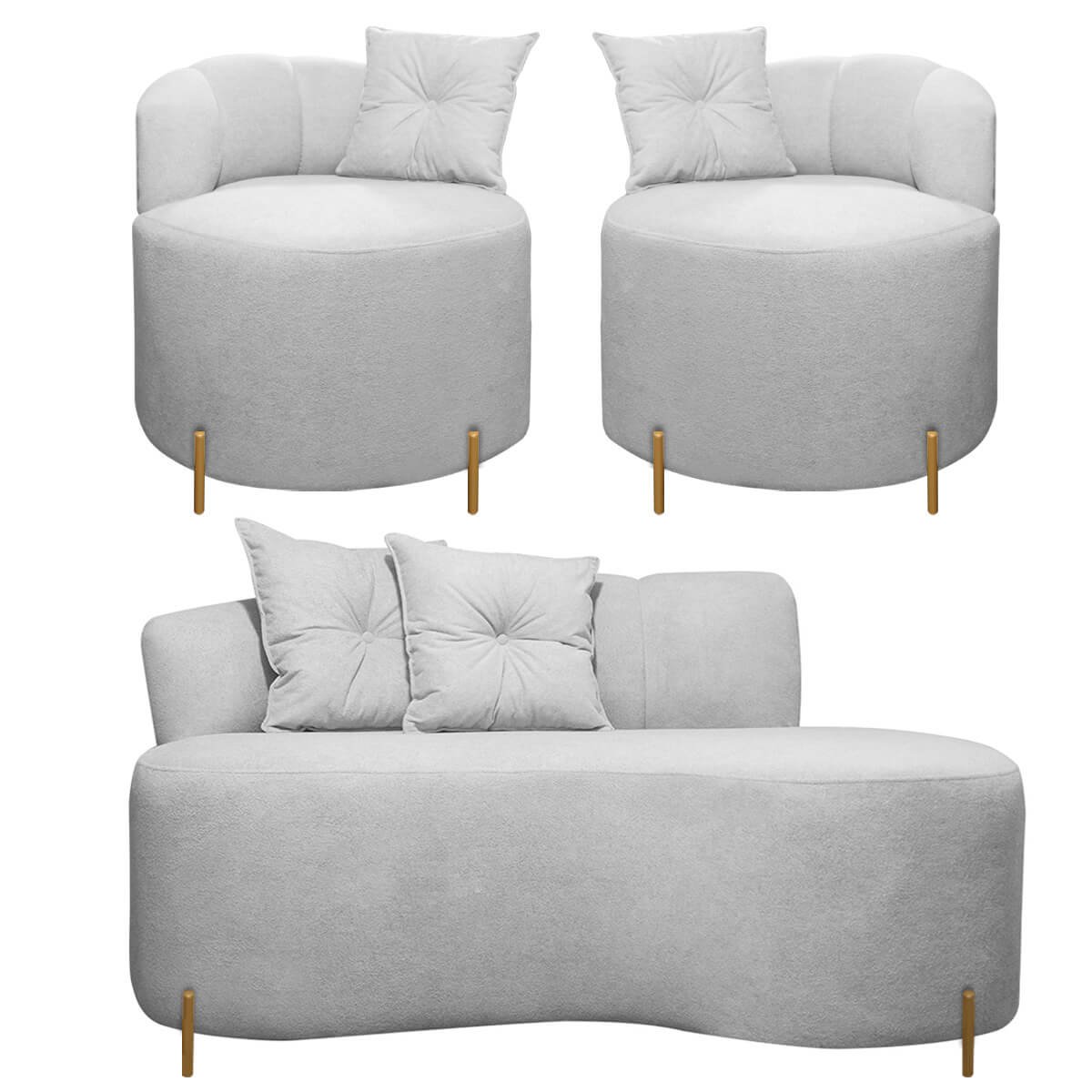 Sofá Redondo Grecia 1.45m 2 Lugares + 2 Poltronas Bouclê Cinza Sofa Store