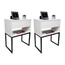 Kit 2 Mesas Cabeceira Industrial 40cm Branco Gaveta Superior Eco Base Metal Preto Lateral Cama - 1