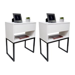 Kit 2 Mesas Cabeceira Industrial 40cm Branco Gaveta Superior Eco Base Metal Preto Lateral Cama