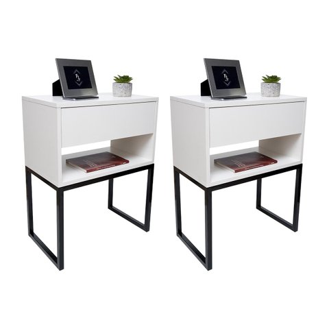 Kit 2 Mesas Cabeceira Industrial 40cm Branco Gaveta Superior Eco Base Metal Preto Lateral Cama