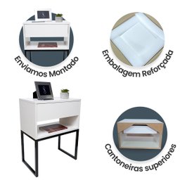 Kit 2 Mesas Cabeceira Industrial 40cm Branco Gaveta Superior Eco Base Metal Preto Lateral Cama - 4