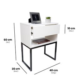 Kit 2 Mesas Cabeceira Industrial 40cm Branco Gaveta Superior Eco Base Metal Preto Lateral Cama - 2