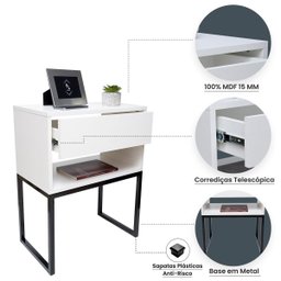 Kit 2 Mesas Cabeceira Industrial 40cm Branco Gaveta Superior Eco Base Metal Preto Lateral Cama - 3