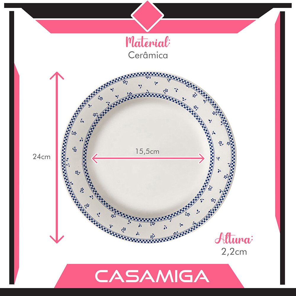 Conjunto Pratos Raso Fundo Cerâmica Dominó Azul 8peças - 3
