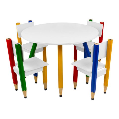 Kit 4 Cadeiras e Mesa Infantil Lápis Coloridos Redonda Tampo Branco Pés Temáticos Quarto Menina Meni