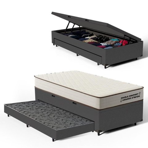 Cama Box Baú Solteiro com Colchão de Espuma D45 Double Comfort + Auxiliar 88cm