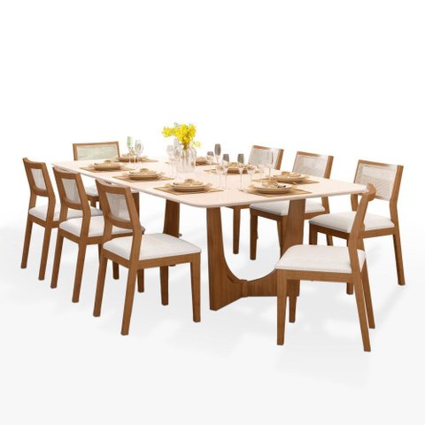 Mesa de Jantar Trento Off White com 8 Cadeiras Bella Cru 220cm