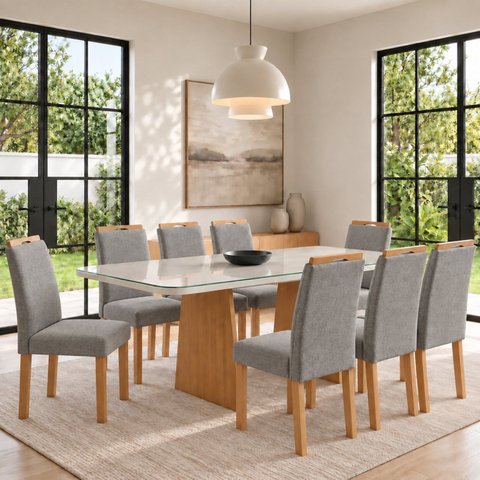 Conjunto Sala de Jantar 8 Lugares Retangular Tampo Vidro/MDF 200x90cm Mesa e Cadeiras Lyra