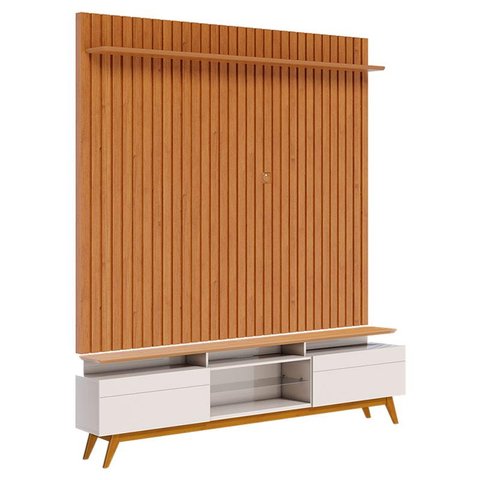 Rack Bancada Classic 2 Gavetas com Nicho e Painel para TV Suspenso Ripado Loft 1.8 Off White Nature 