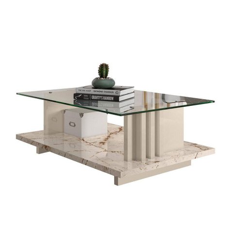 Mesa de Centro com Vidro Frizz - 7 Decor Calacata e Off White
