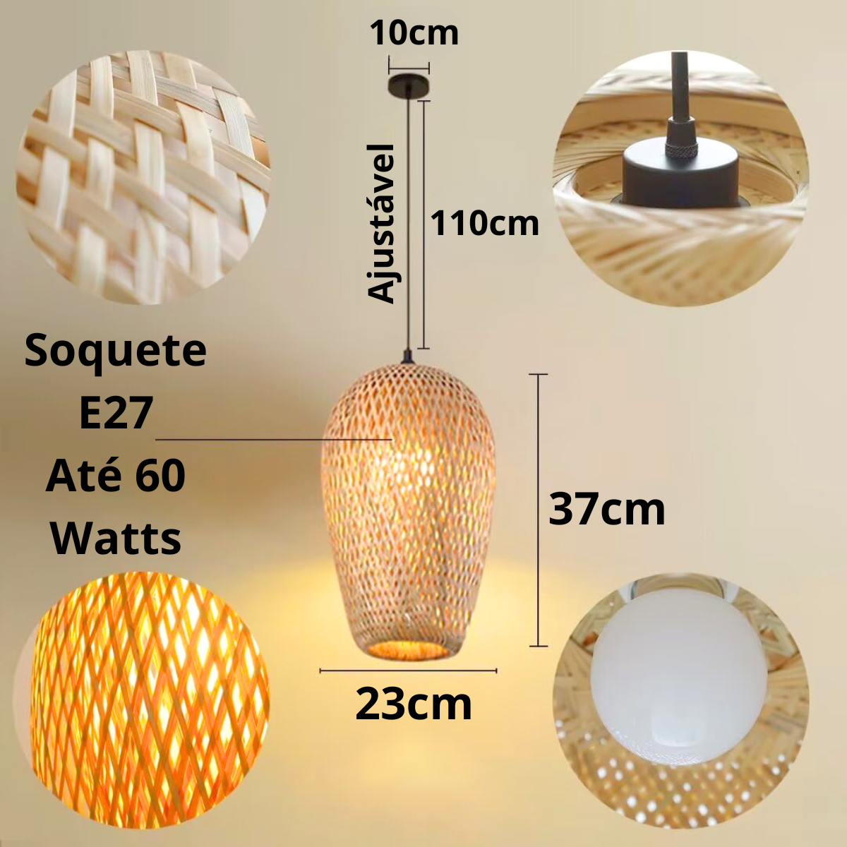 Ver imagem 6 de Lustre Pendente Bambu 37cm Fibra Natural Luminária Teto Kjdd-e-640-b2