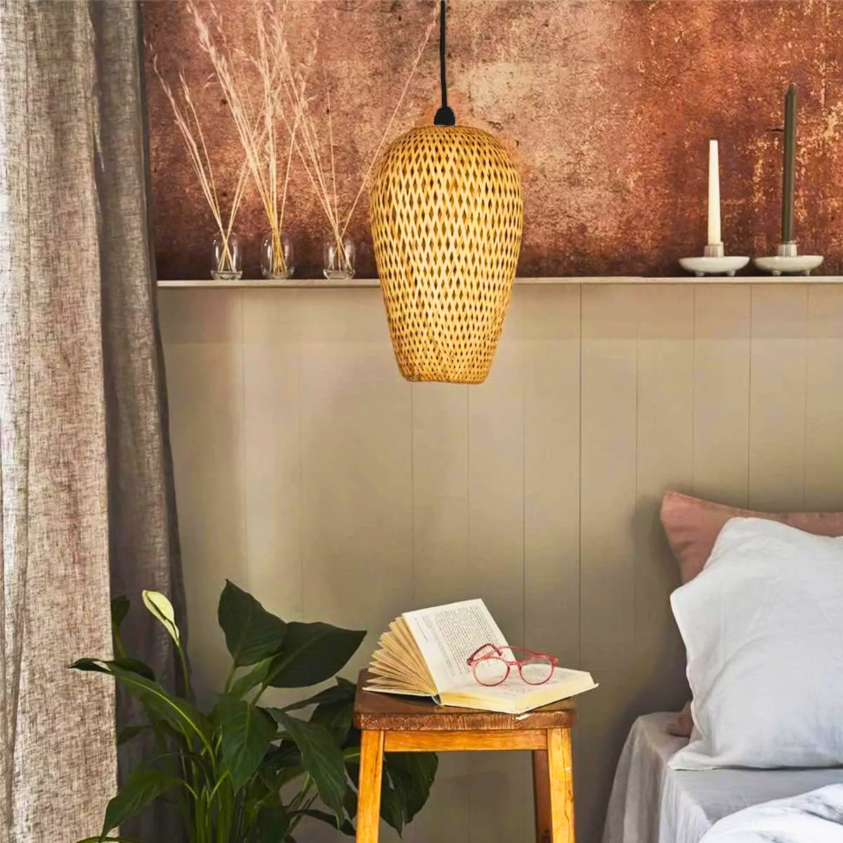 Lustre Pendente Bambu 37cm Fibra Natural Luminária Teto Kjdd-e-640-b2 - 2