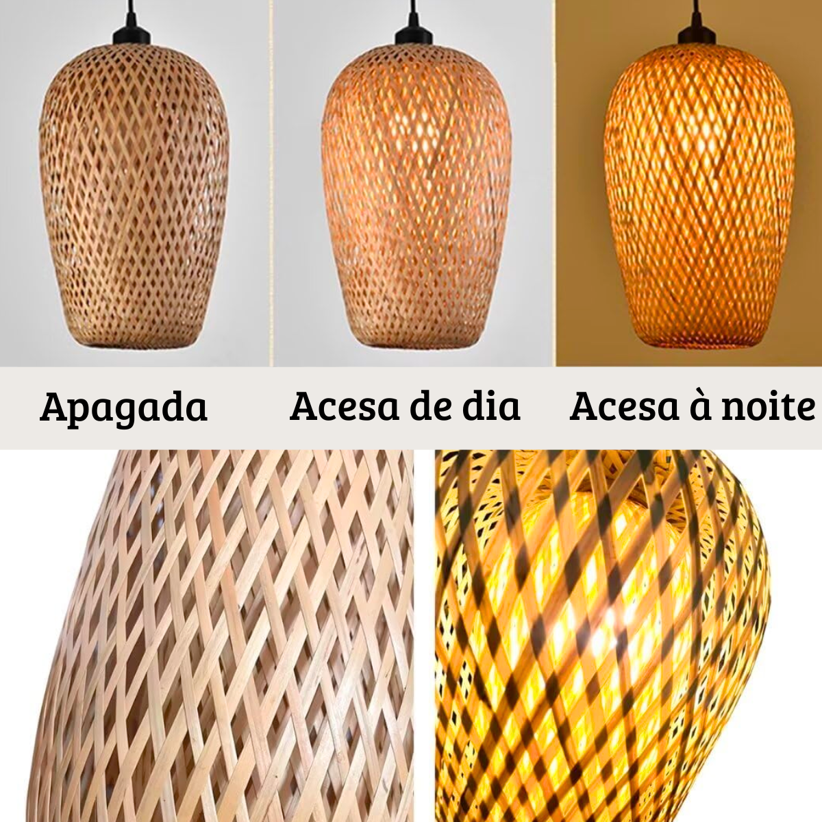 Lustre Pendente Bambu 37cm Fibra Natural Luminária Teto Kjdd-e-640-b2 - 10