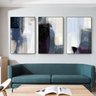 Quadro Abstrato Cinza Pinceladas Azul - Kit 3 telas - 90 x 60 cm - Preta - 1