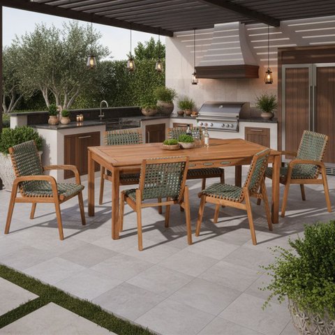 Mesa de Jantar com 04 Cadeiras sem Braço e 02 Cadeiras com Braço Trammare C07 Corda Verde Oliva - Ly