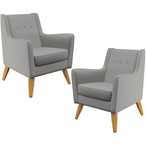 Kit 02 Poltronas Decorativas com Pés de Madeira Taroba D02 Linho Cinza Escuro C-416 - Lyam Decor