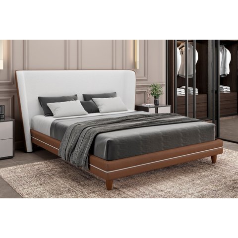 Cabeceira com Cama Yasmin Luxo Queen Linho Claro/corino Caramelo Quale Quale