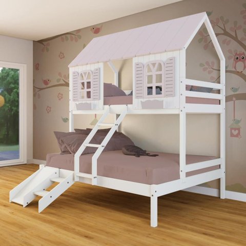 Beliche Casal/ Solteiro Casinha Bela com Kit Escada/Escorregador - Madeira Maciça Branco/Rosa |