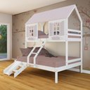 Ver imagem 1 de Beliche Casal/ Solteiro Casinha Bela com Kit Escada/Escorregador - Madeira Maciça Branco/Rosa |