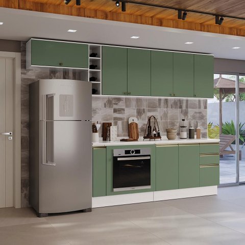 Armário de Cozinha Completa 3 Gavetas 100% Mdf 300cm Branco/verde Celeste Kappesberg