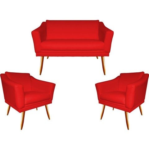 Kit Namoradeira + 2 Poltronas Decorativa Agatha Suede Vermelho Pés Madeira Mz Decor