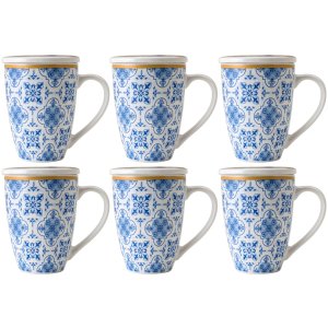Conjunto 6 Canecas de Porcelana para Chá 310ml com Tampa e Filtro Inox Lisboa Lyor Azul