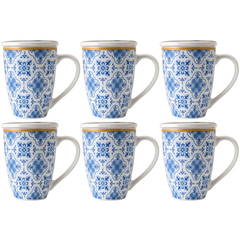 Conjunto 6 Canecas de Porcelana para Chá 310ml com Tampa e Filtro Inox Lisboa Lyor Azul