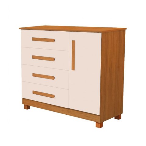 Cômoda Grécia 4 Gavetas com Porta Nicho Interno e Pés em Madeira para Quarto - Nature/off White