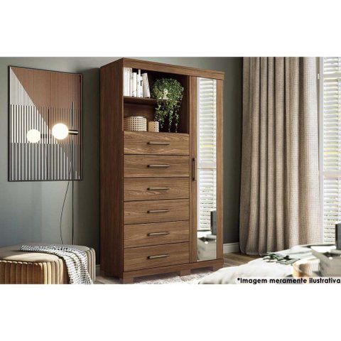 Cômoda de Quarto Marabá 1.6 C/ 1 Porta 2 Nichos e 6 Gavetas C/ Espelho e Pés Jatoba - Santos
