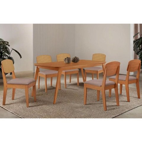 Conjunto: Mesa Sala Jantar Havana Tampo Curvo 180cm+6 Cadeiras Havana Naturale - Linho Capuccino -