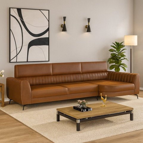 Sofá em Corino 344cm com Chaise 4 Lugares Pés em Metal Linha Premium Maximu