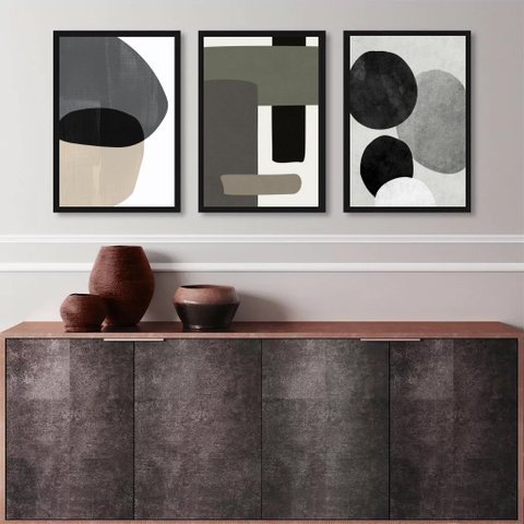 Kit 3 Quadros Abstratos Decoração Industrial- Cinza e Preto 24x18cm - com Vidro:madeira Branca