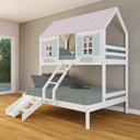 Ver imagem 1 de Beliche Casal/ Solteiro Casinha Bela com Kit Escada/escorregador - Madeira Maciça Branco/rosa/verde