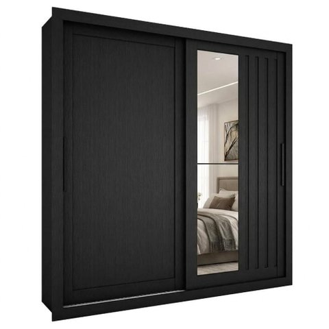 Guarda Roupa Casal 2 Portas de Correr com Espelho Trian 220 cm Preto Zanz