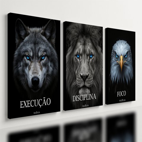 Kit 3 Quadro Decorativo Disciplina Execução Foco Leão Luxo Qualidade Premium 40x28cm