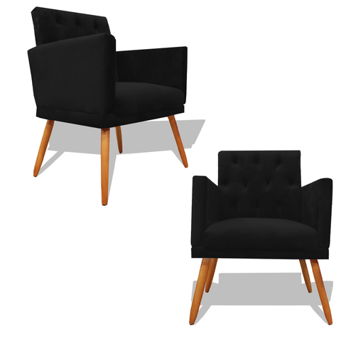 Kit Decorativo Duas Poltrona Nina Retro Pés Palito Suede Preto com Roda Pé Eli Móveis