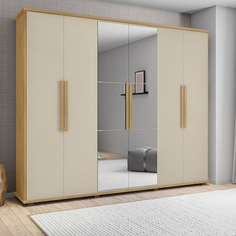 Guarda-Roupa Casal com 6 Portas com Espelho e 4 Gavetas Internas com Maleiro Canadá Cinza/Cinamomo/Grafite