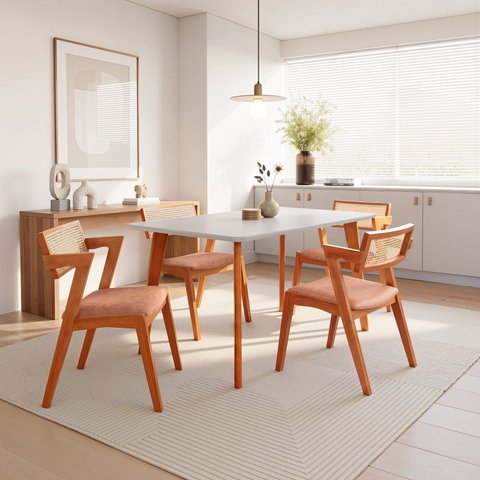 Conjunto Mesa e 4 Cadeiras Madeira Maciça, Tampo Off White, Rattan Natural e Assento Estofado Verona